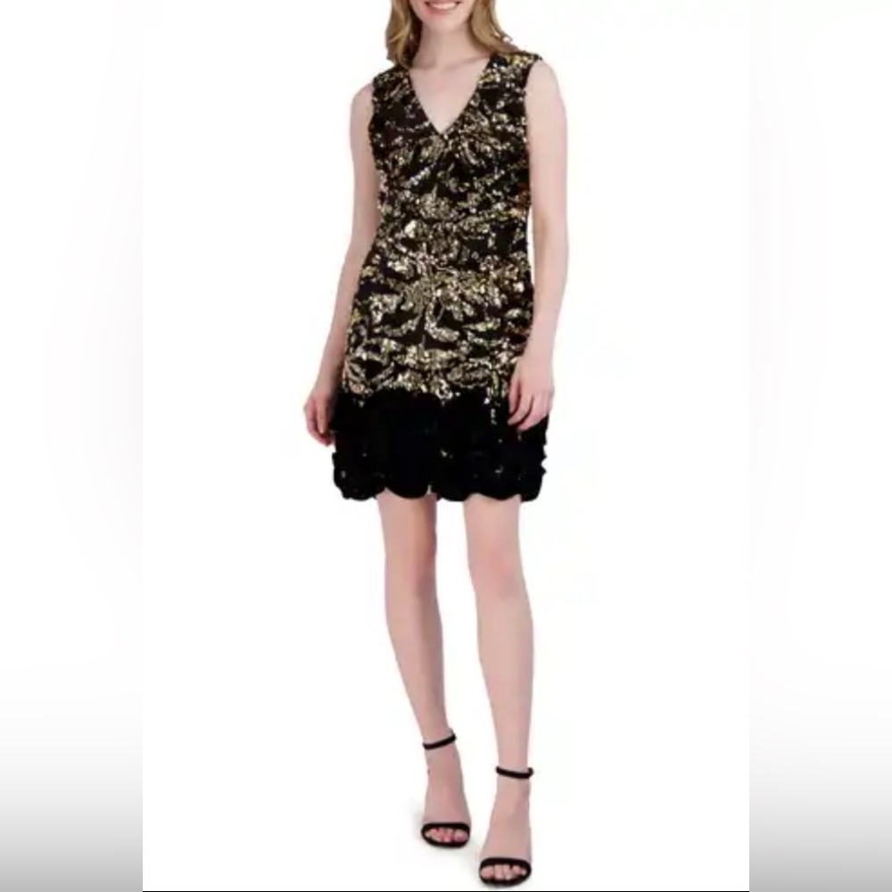 Donna Ricco Black & Gold‎ Sequins Velvet Ruffle-Hem Cocktail Sheath Dress NWT 8
